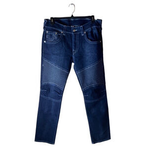 True Religion Moto Denim Jeans Men 36 Skinny Double Knee Stitch Stretch Blue NWT